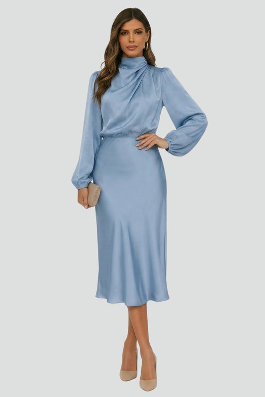 Stylish women's long sleeve midi dress with a high neckline, perfect for evening events