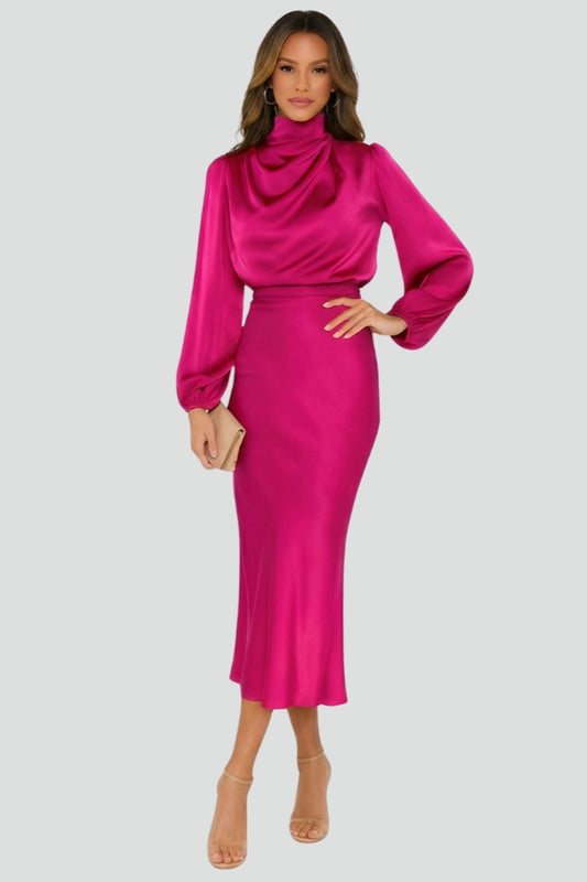 Women's elegant high neck midi dress with long sleeves, shown with a subtle waist tie