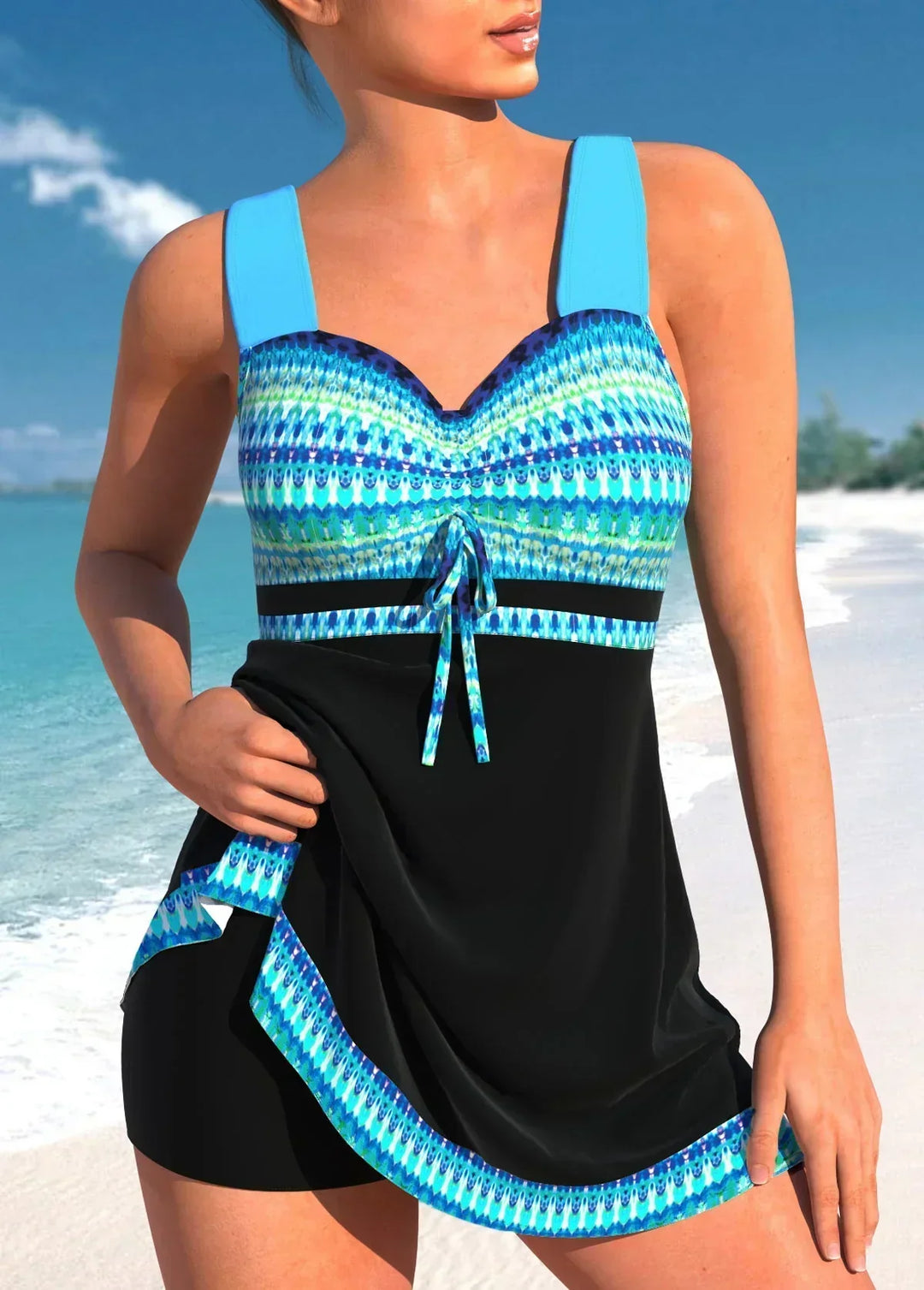 Women's modest high neck swimdress in black, ideal for elegant beach and resort wear