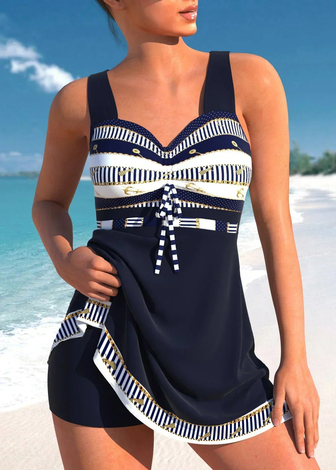 Stylish women's swimsuit dress with high neck, offering elegant and comfortable summer beachwear