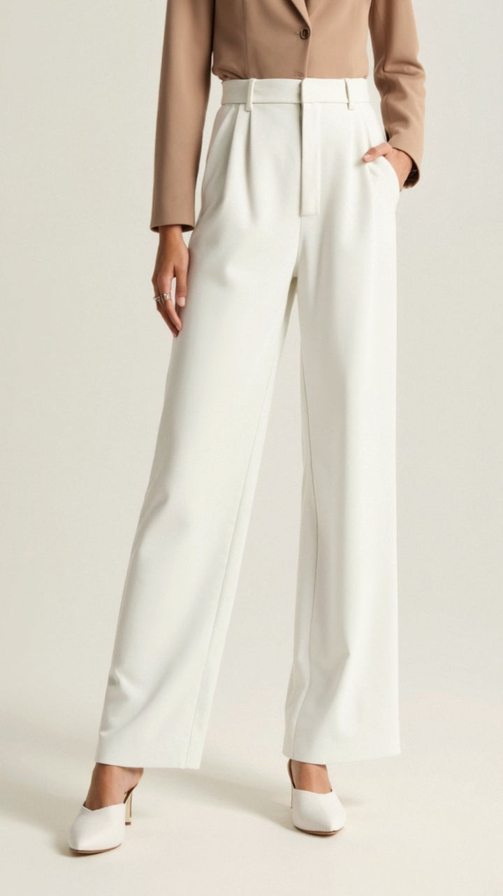 Elevated officewear: women's high-waisted wide-leg trousers in grey, a professional comfort fit.