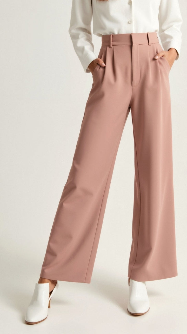 Side profile of women wearing high-waisted wide-leg trousers, highlighting the flowing silhouette.