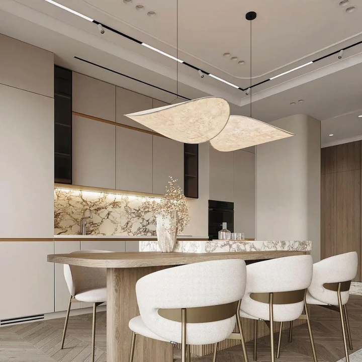 Minimalist elegant Japanese silk ceiling lamp, handcrafted wave design chandelier for serene home lighting.