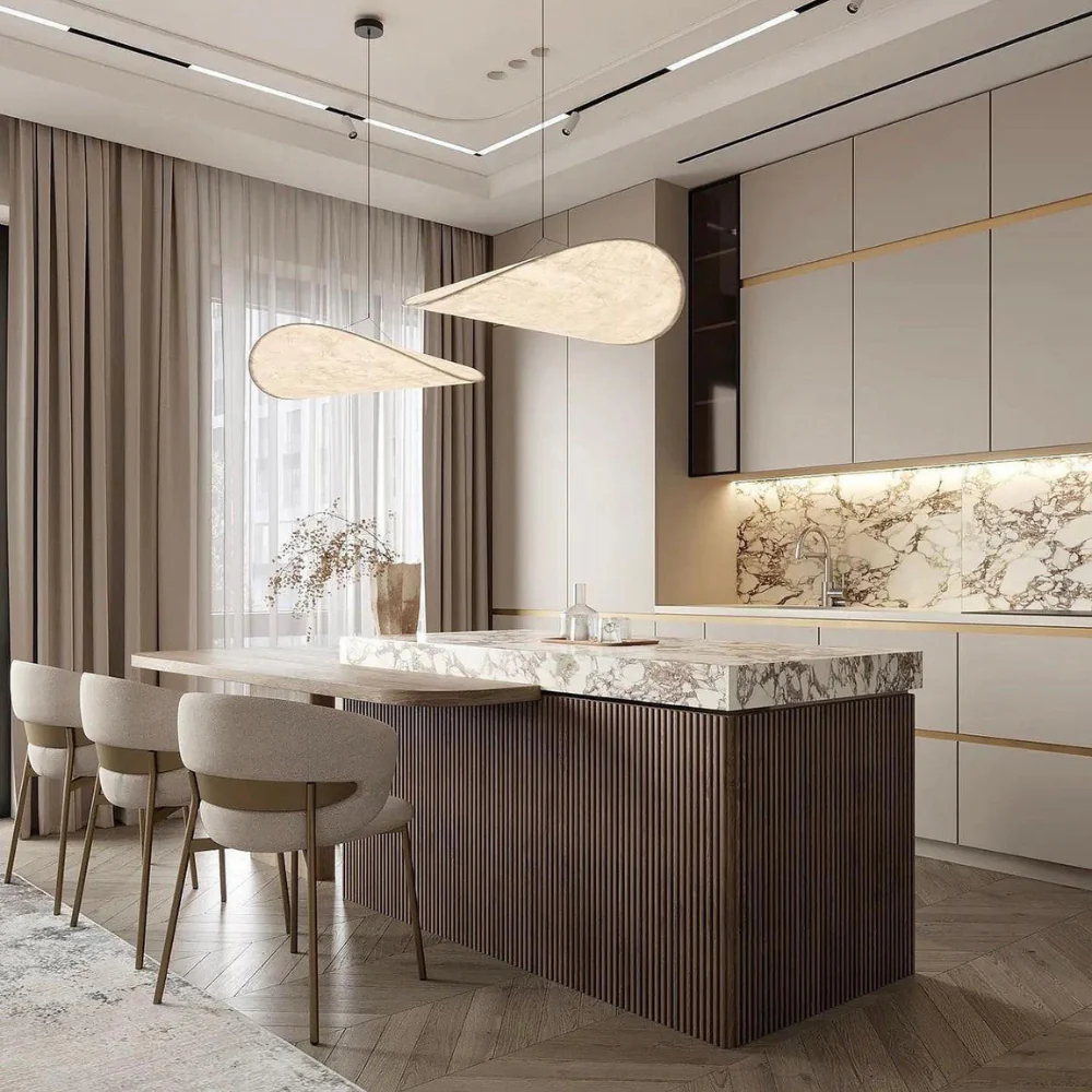 Unique Japanese silk pendant light, elegant wave design, handmade chandelier for serene ambient home decor.