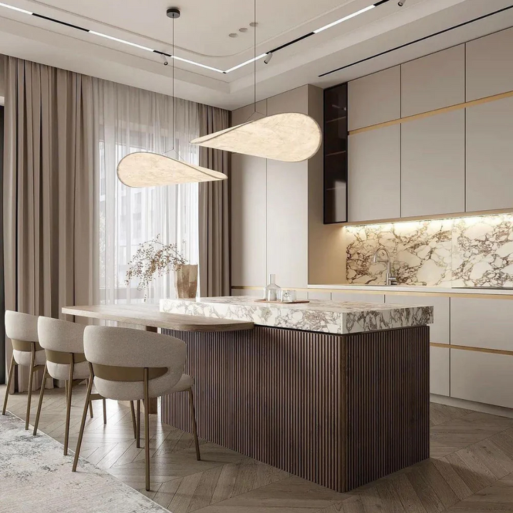Unique Japanese silk pendant light, elegant wave design, handmade chandelier for serene ambient home decor.