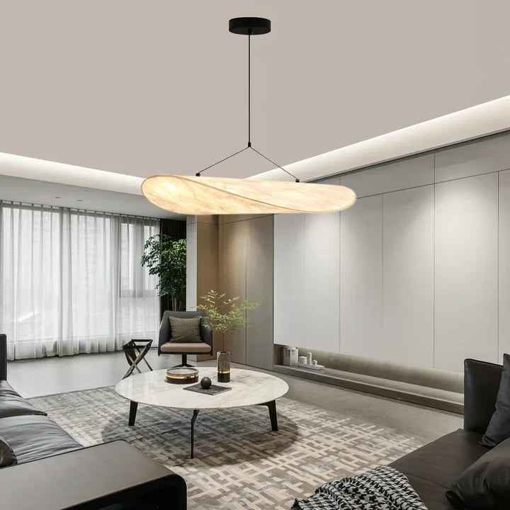 Beautiful Japanese silk chandelier with wave design, an elegant handmade ceiling lamp for serene home ambiance.