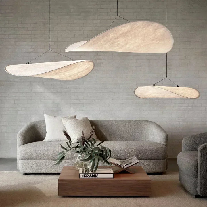 Elegant Japanese ceiling lamp, white silk chandelier with serene wave pattern. Perfect for ambient home lighting.