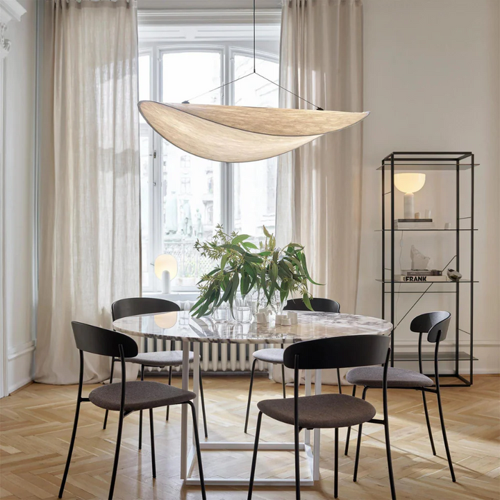 Japanese silk pendant light with wave design. Elegant handmade ceiling lamp for serene home lighting decor.