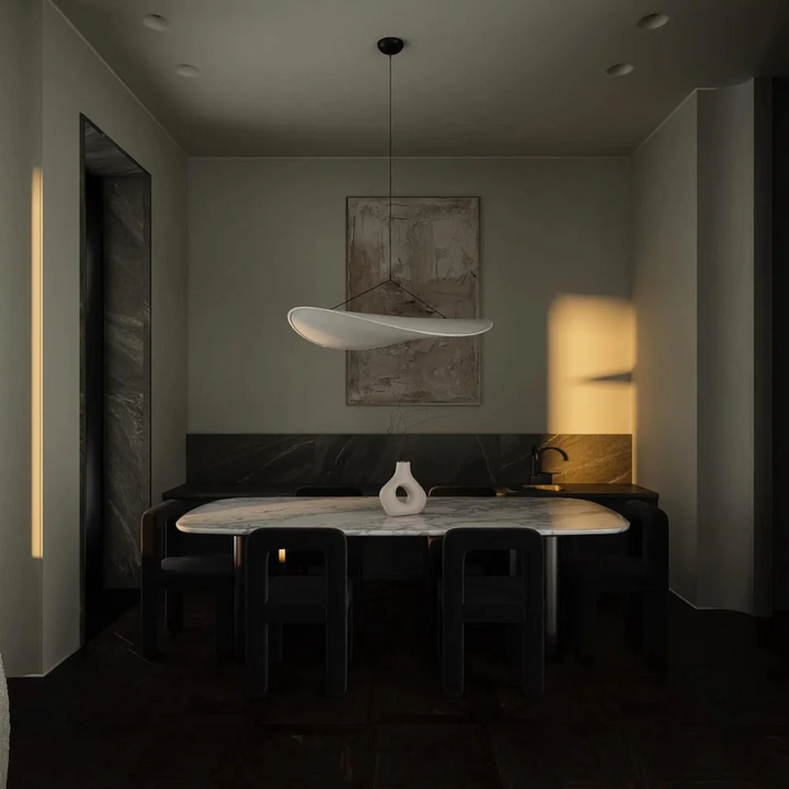 White Japanese silk chandelier, wave design, elegant handmade pendant light for serene ambient home decor.