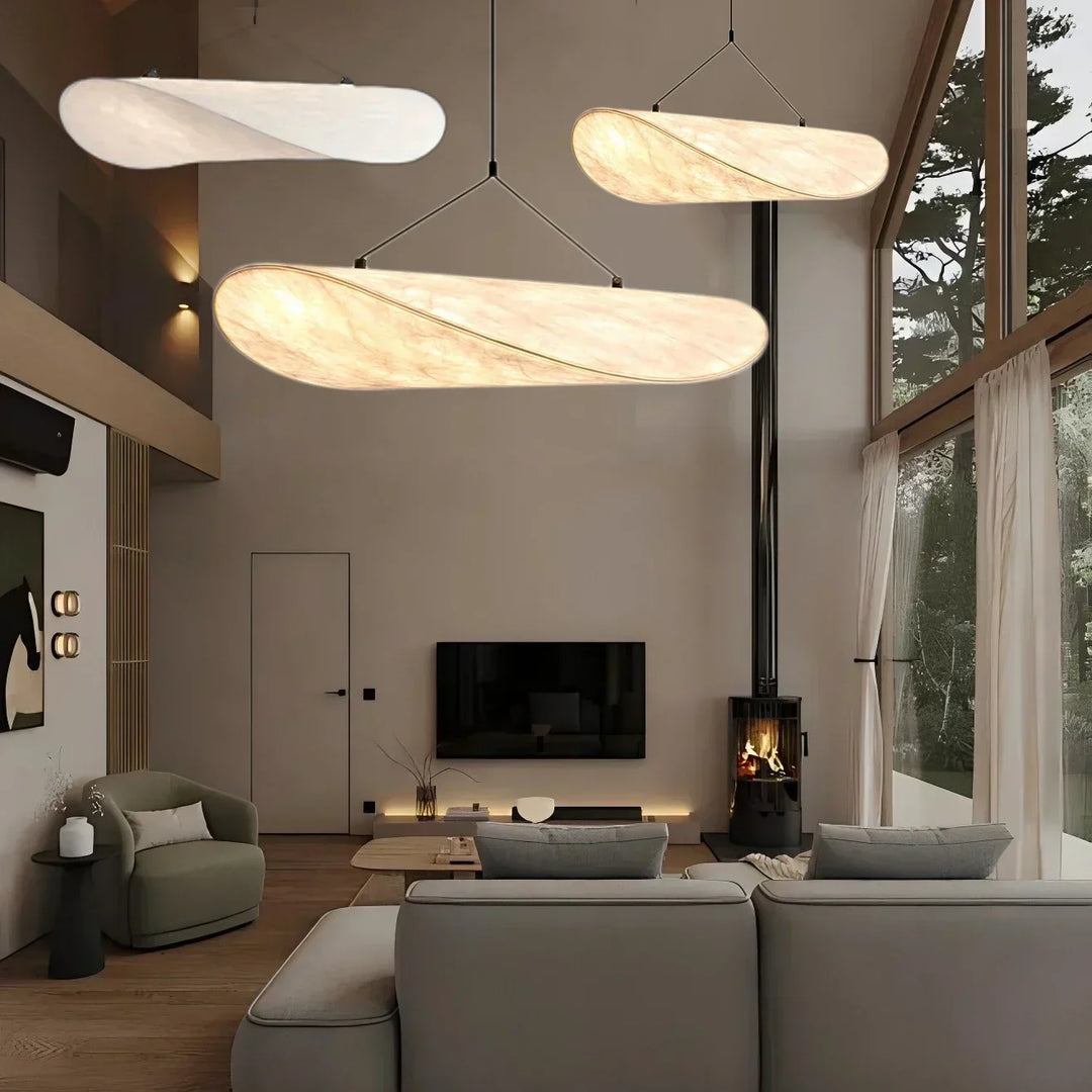 Elegant Japanese silk chandelier, handmade with wave design, perfect pendant light for serene home decor.