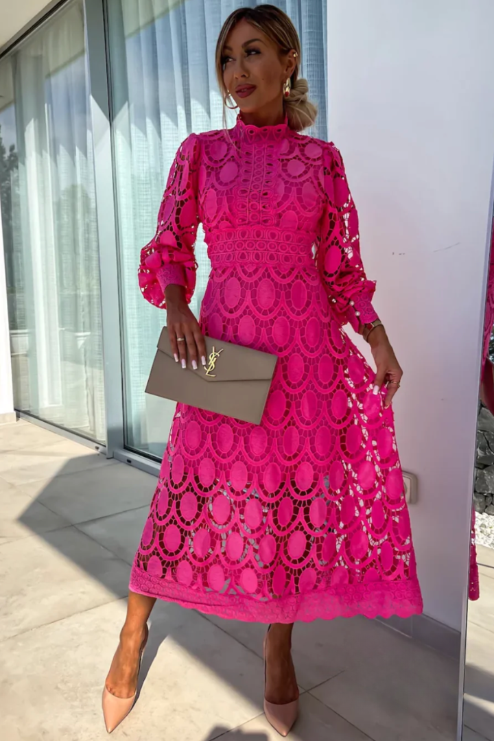 Women's sophisticated lace midi dress, ideal for summer cocktail events