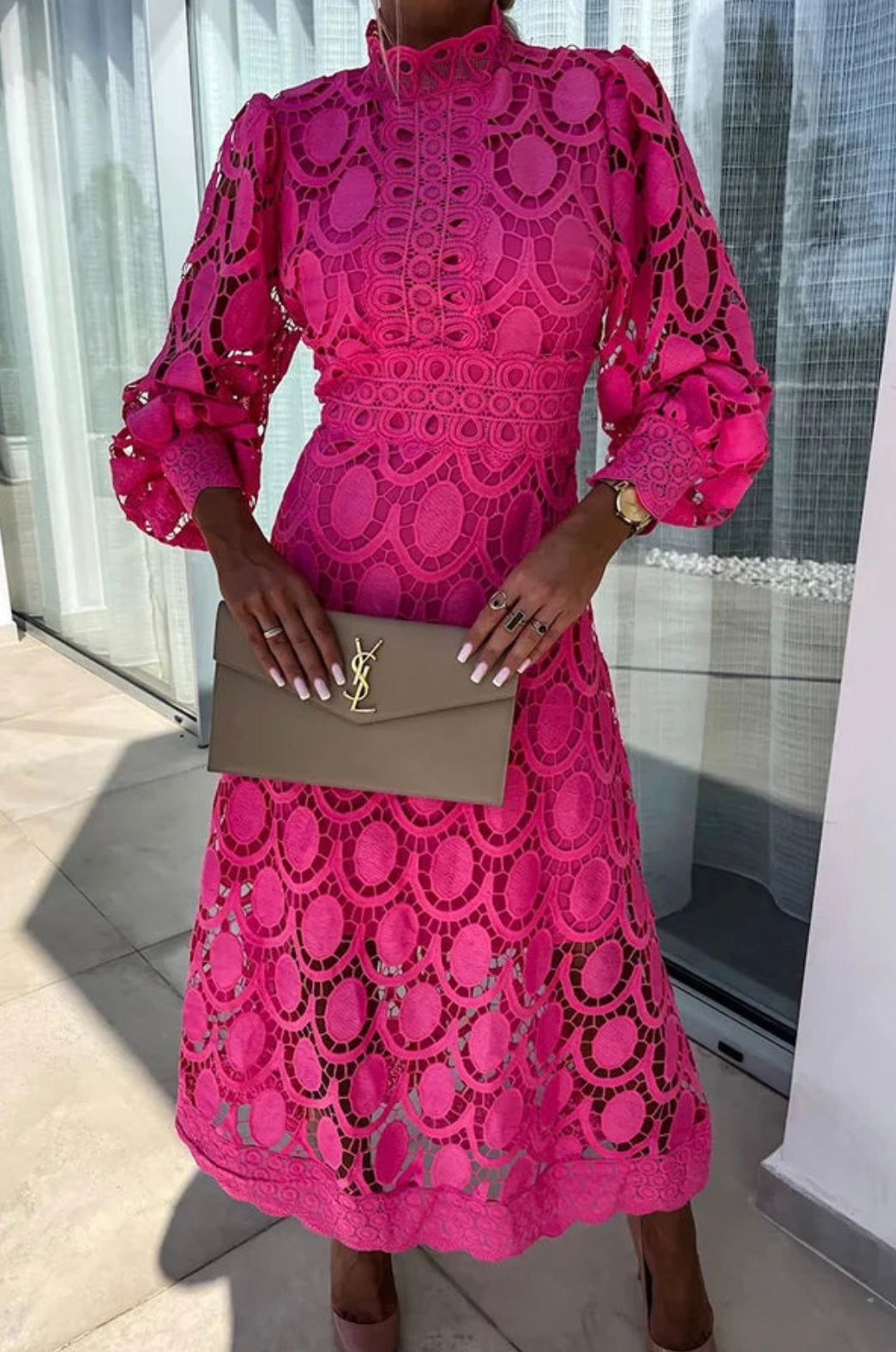 Fashionable women's midi dress with intricate lace, perfect for summer gatherings