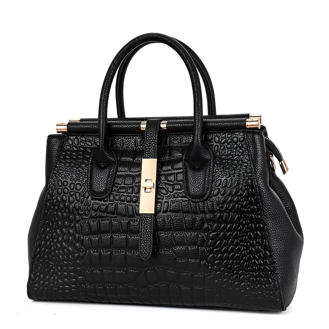 Elegant ladies' alligator embossed leather handbag tote. Multi-compartment design for organized fashion.