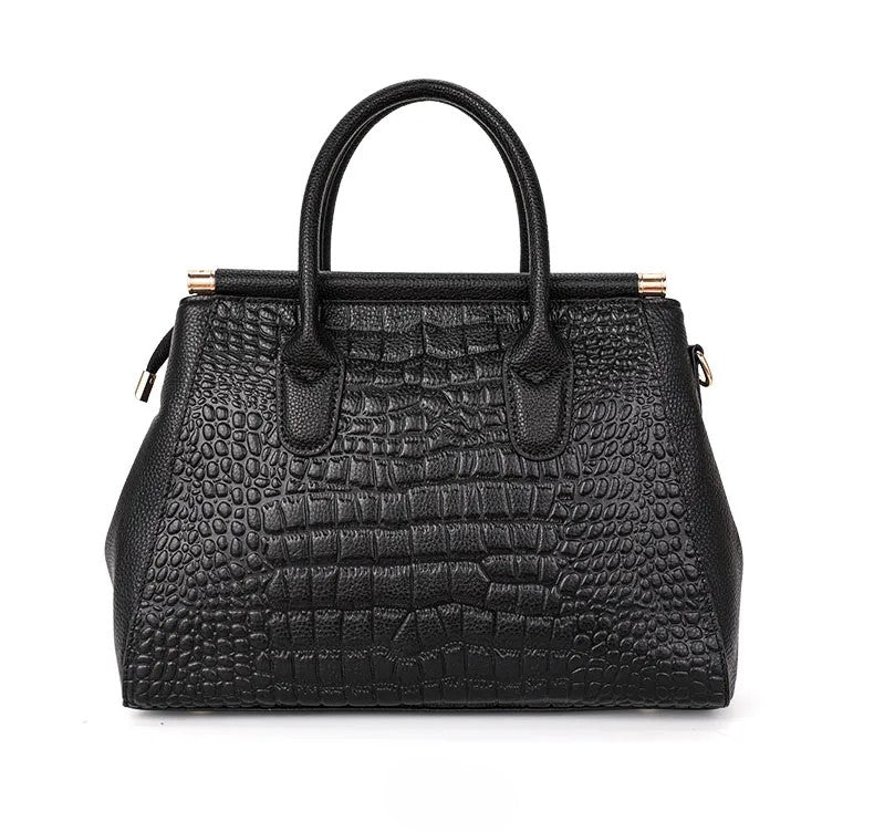 Versatile alligator embossed leather shoulder bag. Ladies' multi-compartment tote, also worn as crossbody.