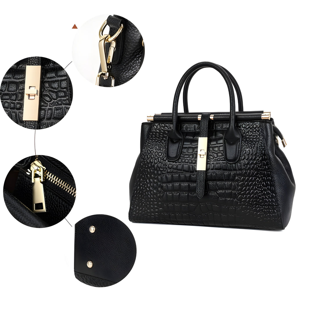 Close-up of luxury alligator embossed leather on a ladies' multi-compartment tote handbag. Elegant detail.