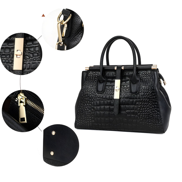 Close-up of luxury alligator embossed leather on a ladies' multi-compartment tote handbag. Elegant detail.