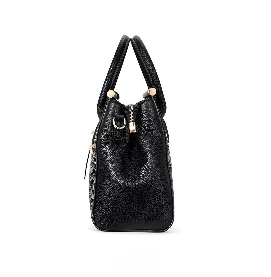 Spacious multi-compartment ladies' handbag. Organized interior of an elegant alligator embossed leather tote.