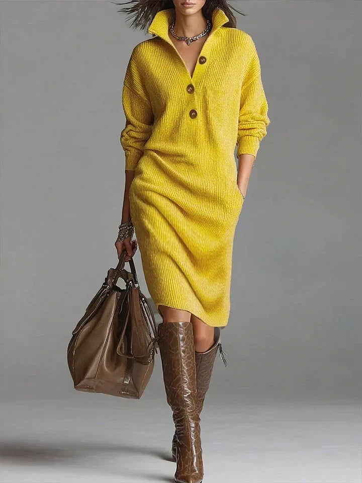 Elegant ladies' ribbed midi dress with stylish front button detail, perfect for versatile workwear or casual summer fashion.