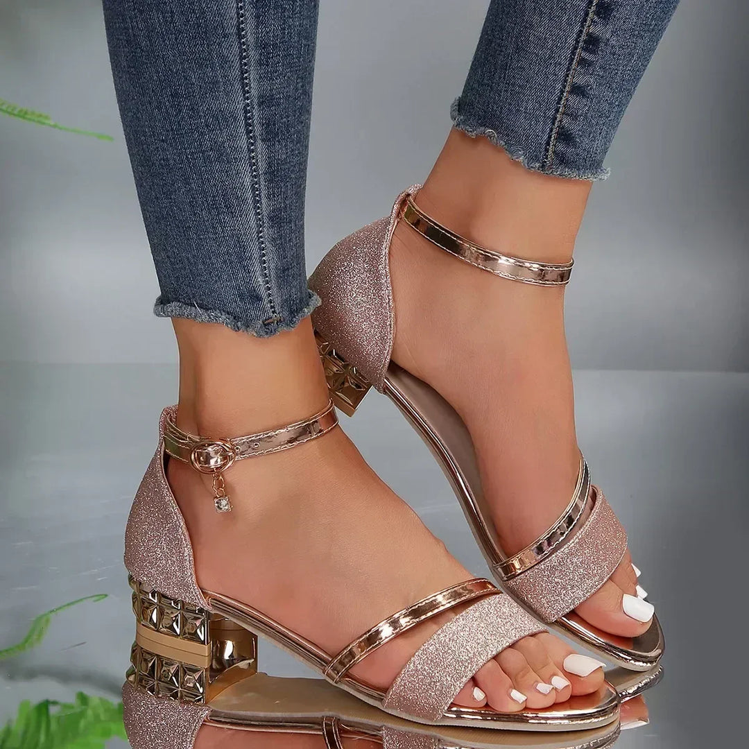 Dressy ladies' party sandals with comfortable high heel for glamorous summer evenings.