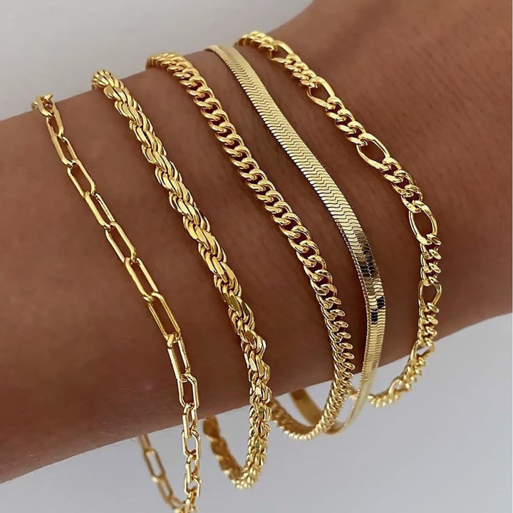 Elegant layered bracelet set for women, featuring gold & white gold tones. Versatile stackable jewelry accessory.