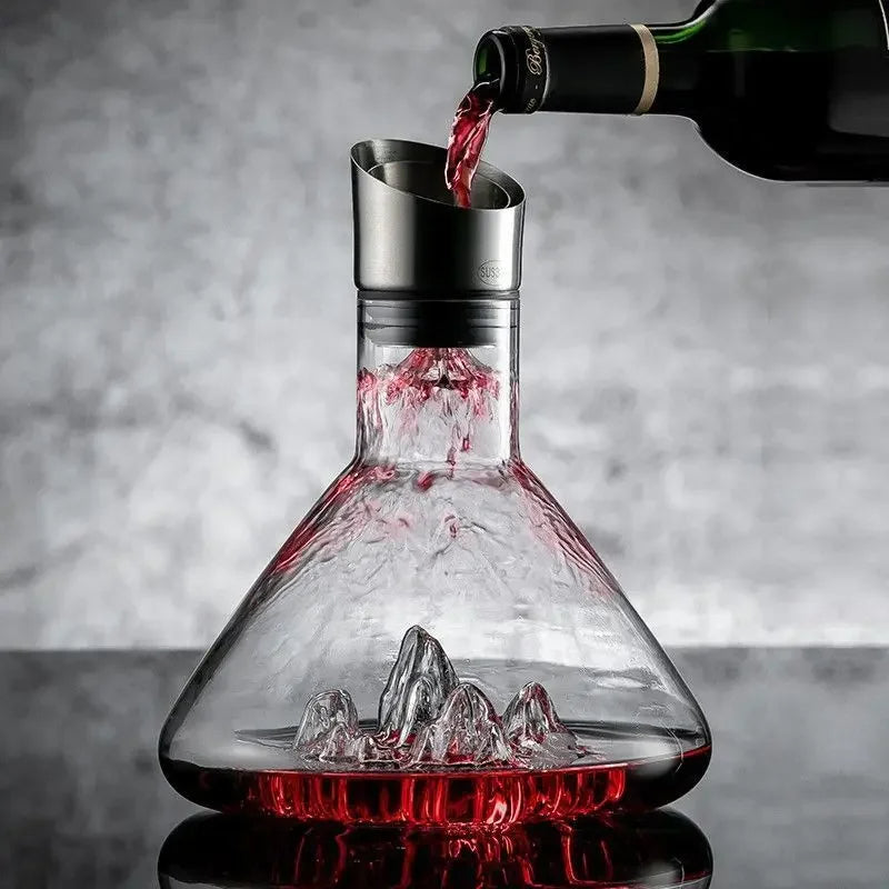 Elegant lead-free crystal wine decanter with 12-channel aeration for enhanced red wine flavor, includes sediment filter.