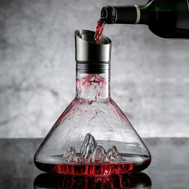 Elegant lead-free crystal wine decanter with 12-channel aeration for enhanced red wine flavor, includes sediment filter.
