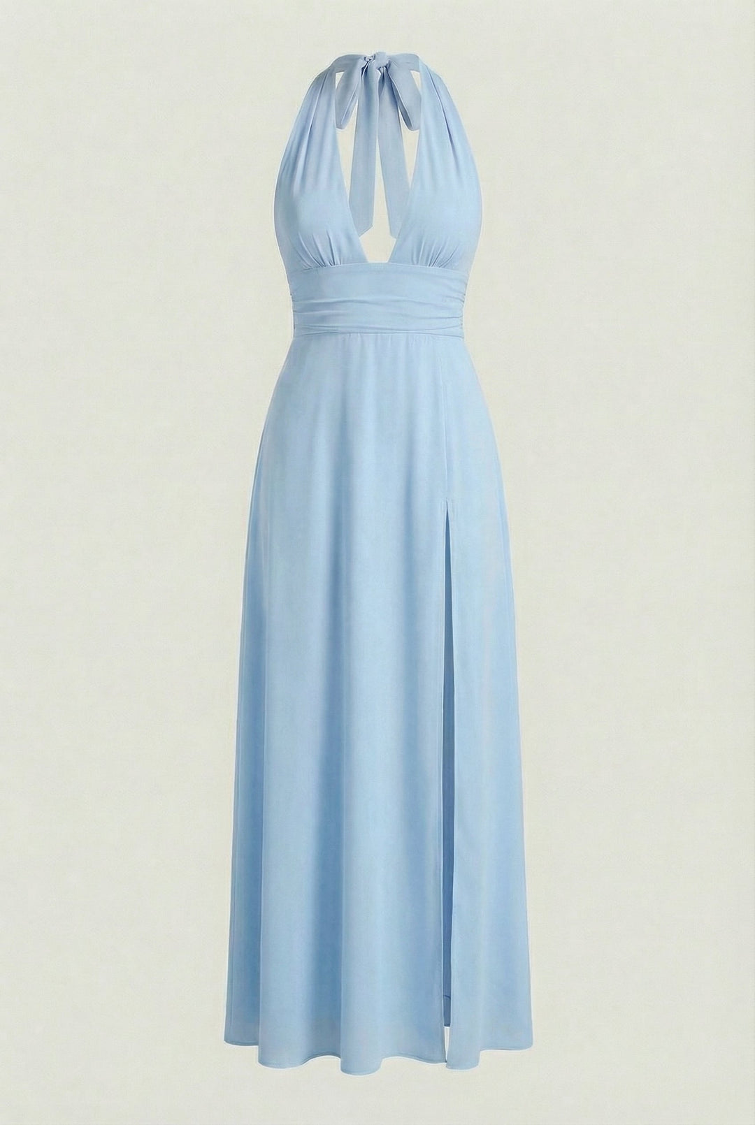 Women's summer halter neck maxi dress. Backless, flowy design with a high slit for elegant fashion.