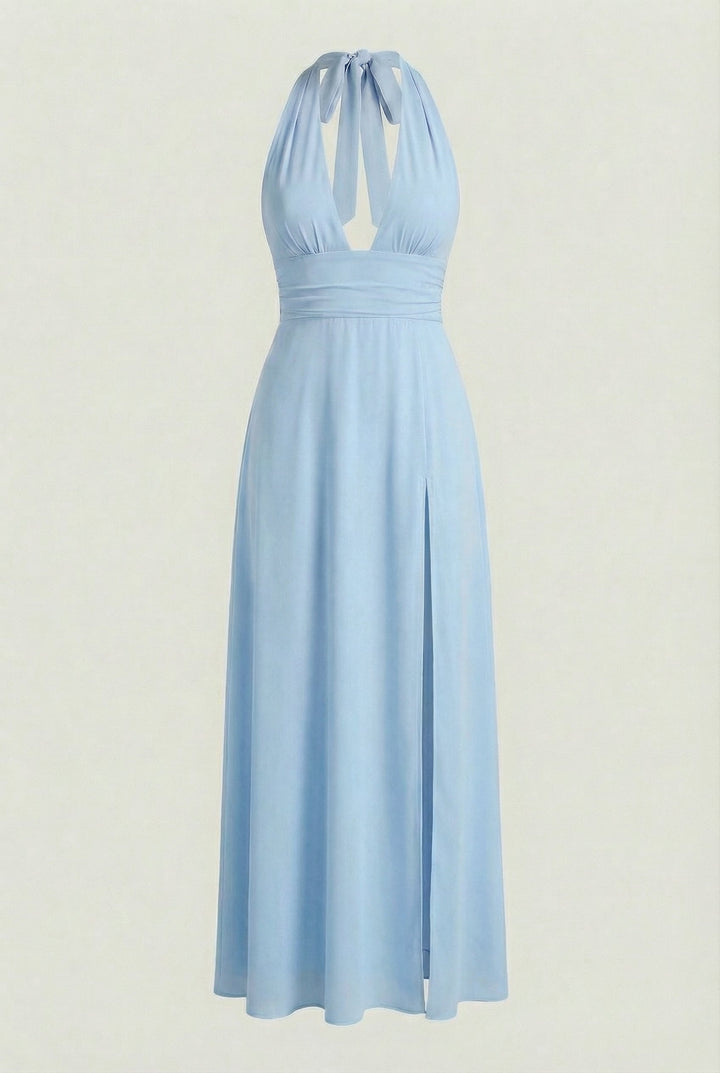 Women's summer halter neck maxi dress. Backless, flowy design with a high slit for elegant fashion.