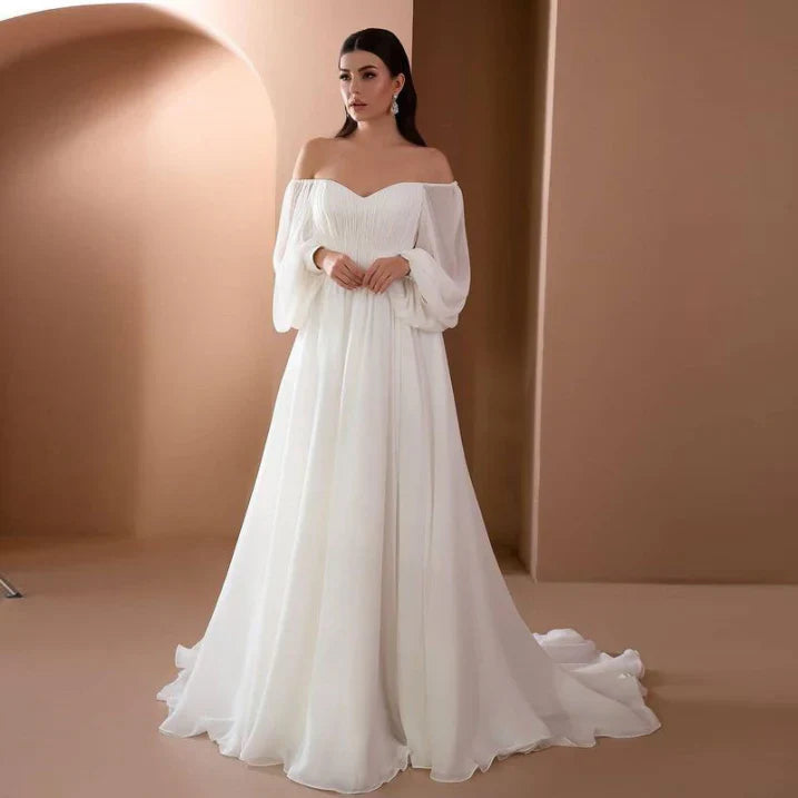 Elegant long sleeve white bridal wedding gown for women, perfect formal evening wear for special occasions