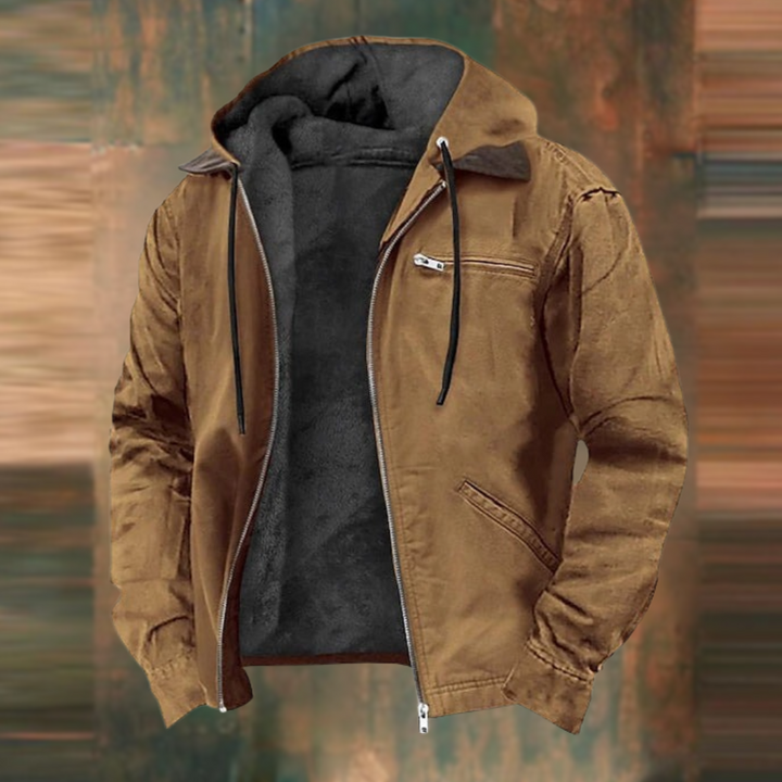 Detailed view of men's elegant brown autumn jacket, featuring multiple pockets and a sophisticated design for fall fashion.