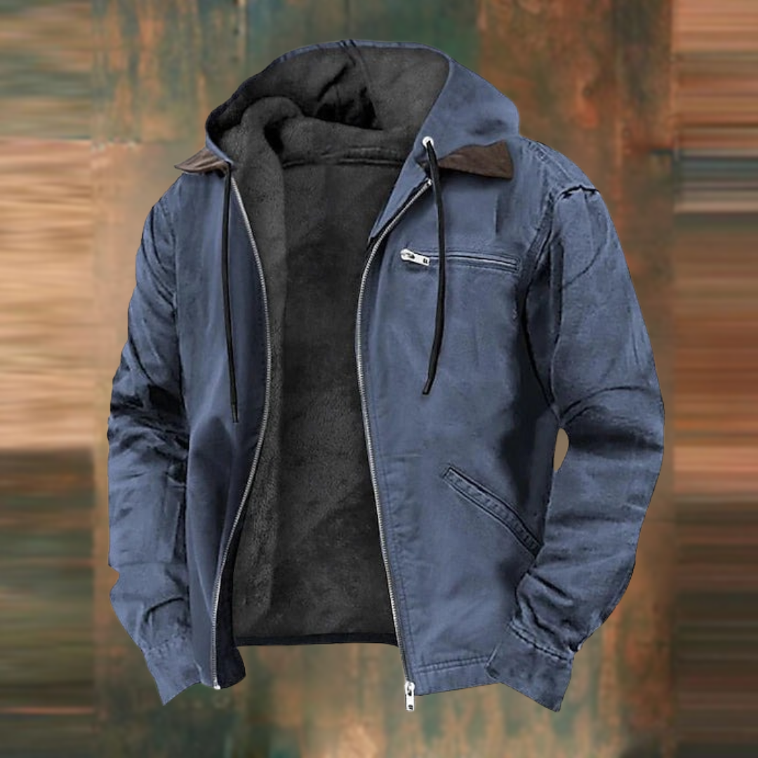 Casual men's blue autumn coat, a stylish and practical multi-pocket outerwear piece for fall.