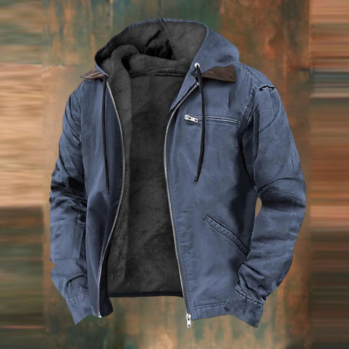 Casual men's blue autumn coat, a stylish and practical multi-pocket outerwear piece for fall.