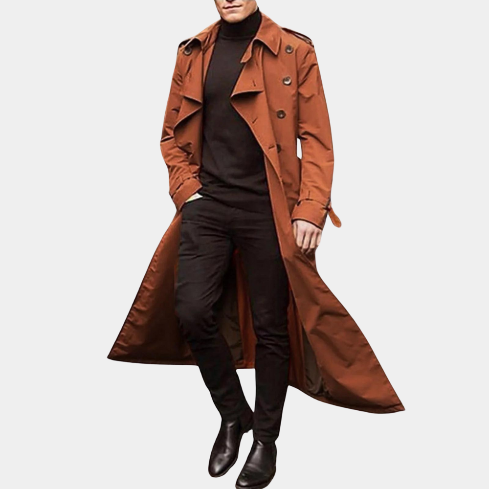 Elegant men's belted trench coat in classic style, perfect for all seasons. Offers sophisticated outerwear.
