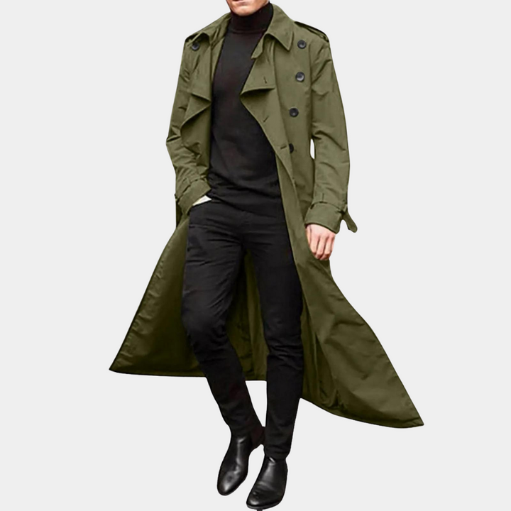 Stylish men's trench coat with belt, showcasing a classic design. Versatile outerwear for men's fashion.