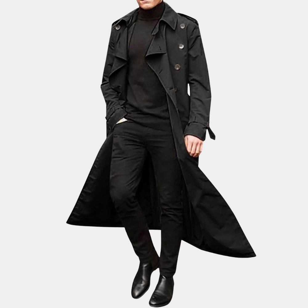 Men's elegant all-season belted trench coat, a timeless piece for any wardrobe. High-quality outerwear.
