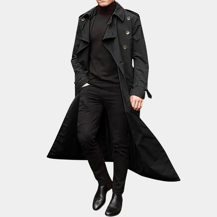 Men's elegant all-season belted trench coat, a timeless piece for any wardrobe. High-quality outerwear.