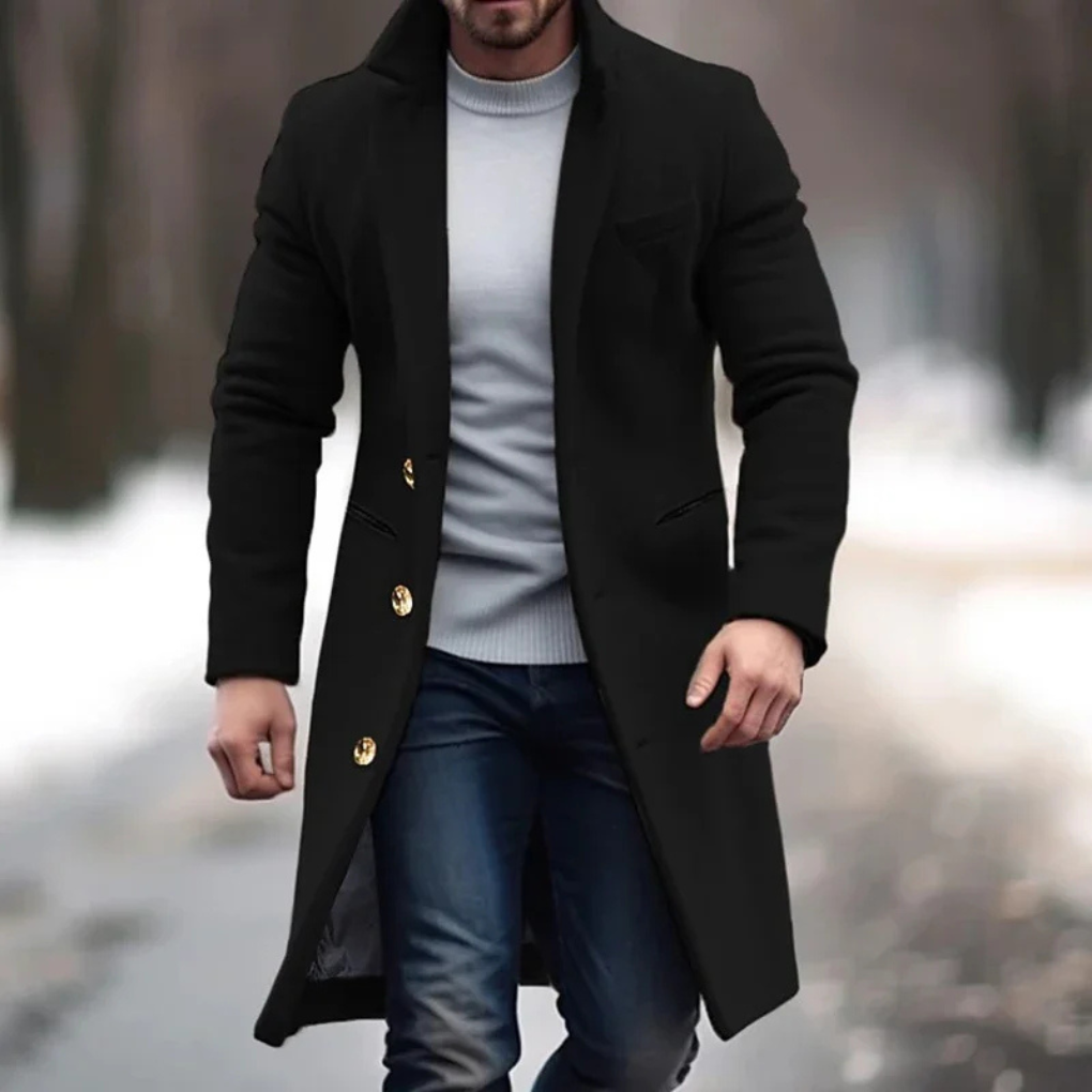 Elegant men's brown wool-blend overcoat for formal and casual winter wear, long style.
