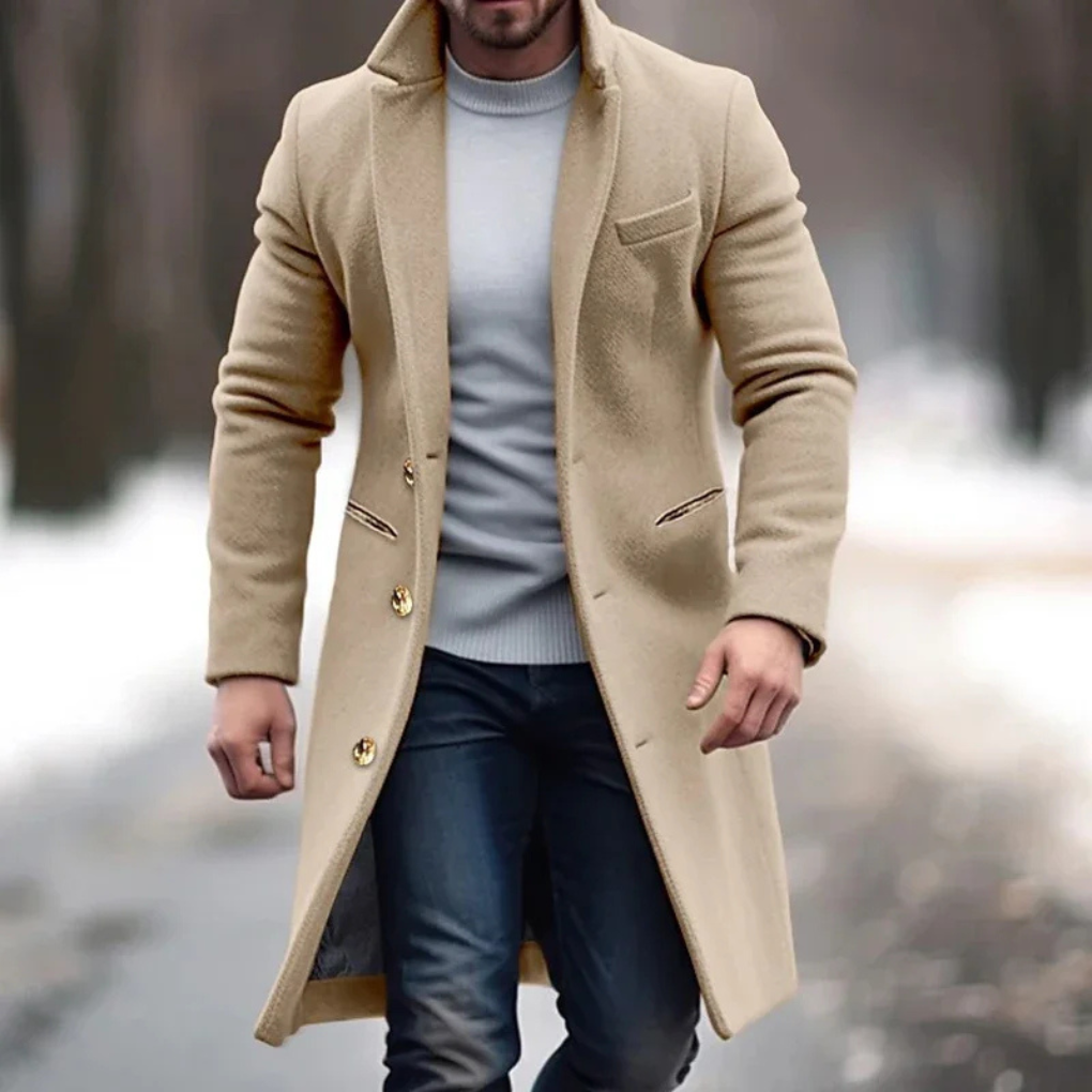 Classic men's black wool-blend long overcoat, ideal for business casual and cold weather.