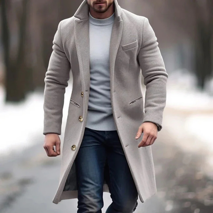 Stylish men's gray wool-blend long overcoat, perfect outerwear for urban formal fashion.