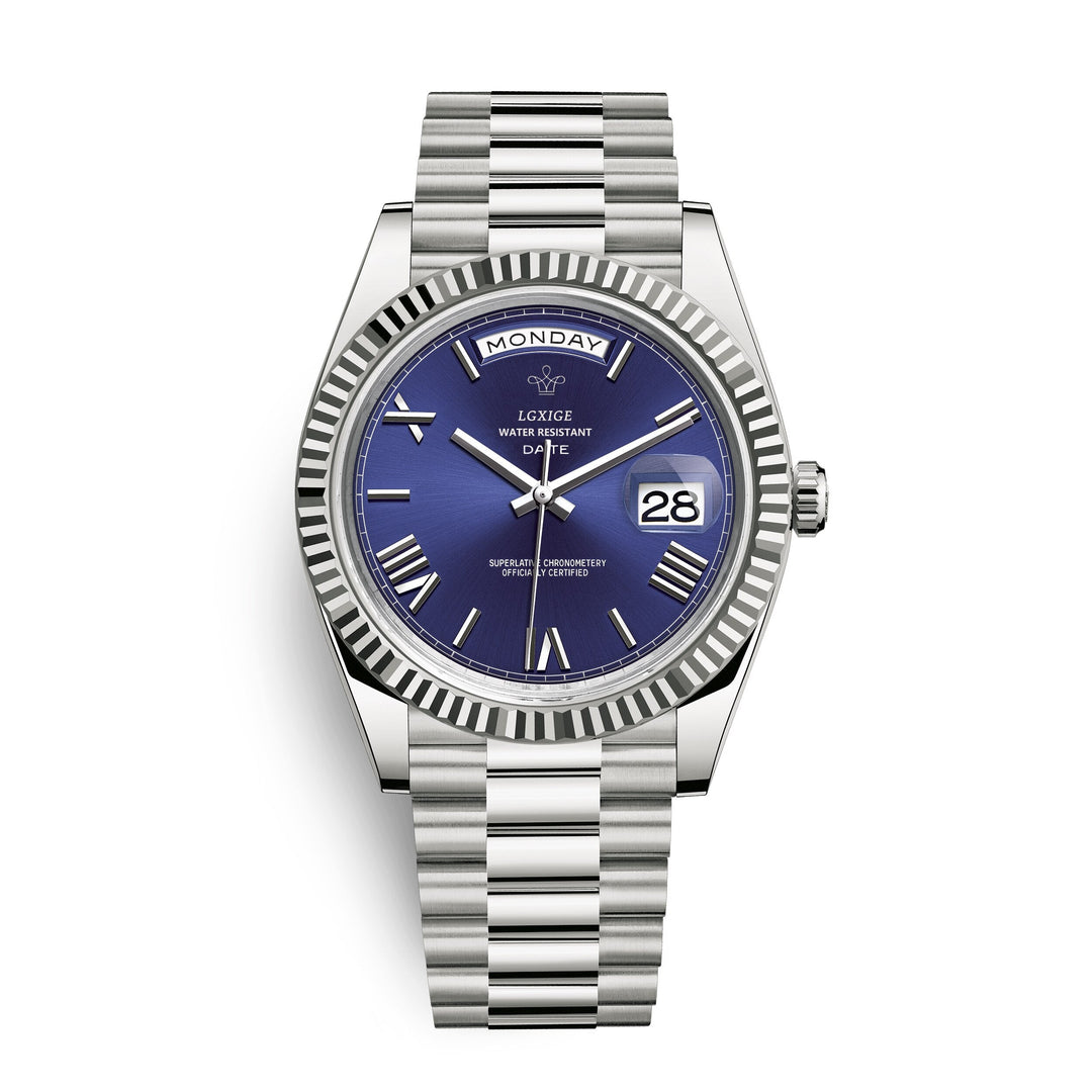 Elegant Men's Day Date Quartz Watch. Classic stainless steel timepiece, perfect for business or casual wear.