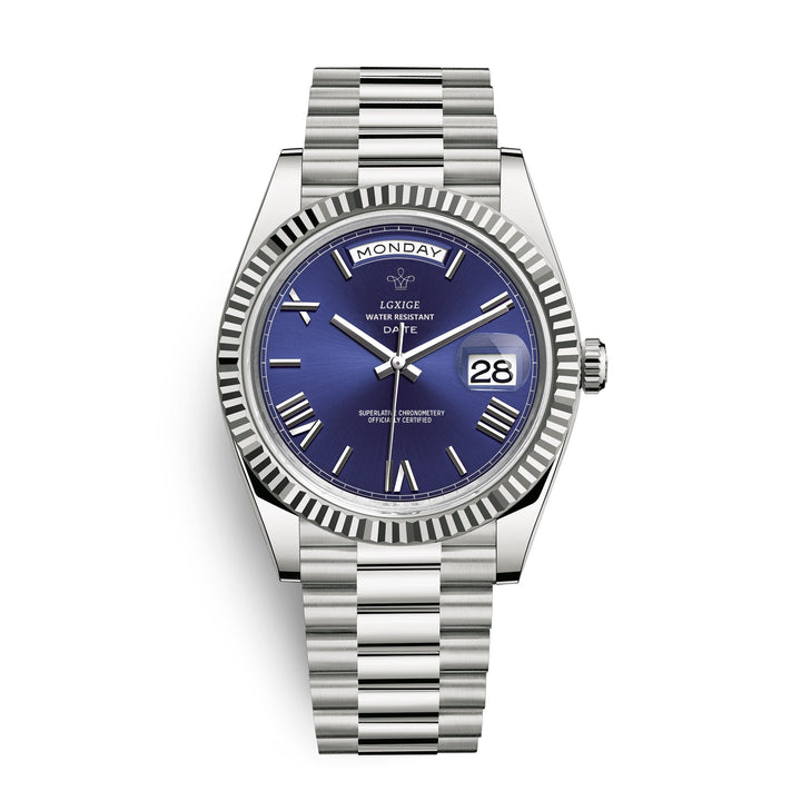Elegant Men's Day Date Quartz Watch. Classic stainless steel timepiece, perfect for business or casual wear.