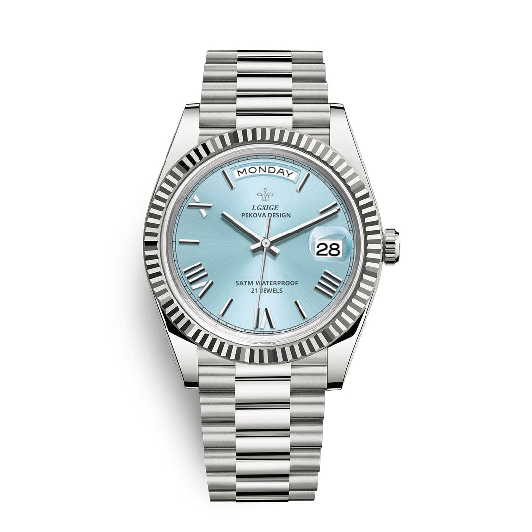Detailed view of Men's Watch bracelet. Polished stainless steel links, ensuring a comfortable fit.