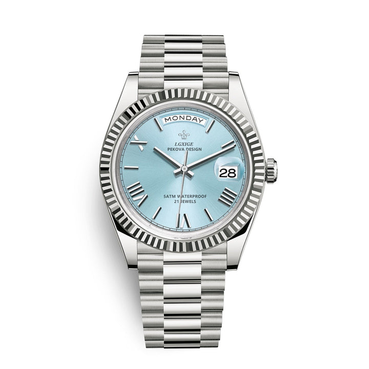 Detailed view of Men's Watch bracelet. Polished stainless steel links, ensuring a comfortable fit.