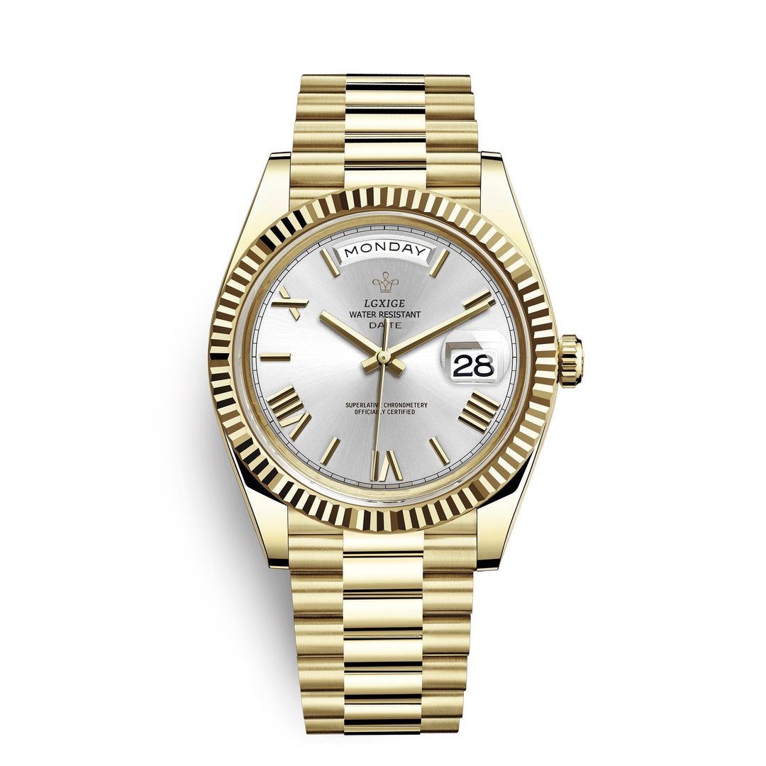 Men's Elegant Day Date Watch. A sophisticated quartz movement timepiece in polished stainless steel.