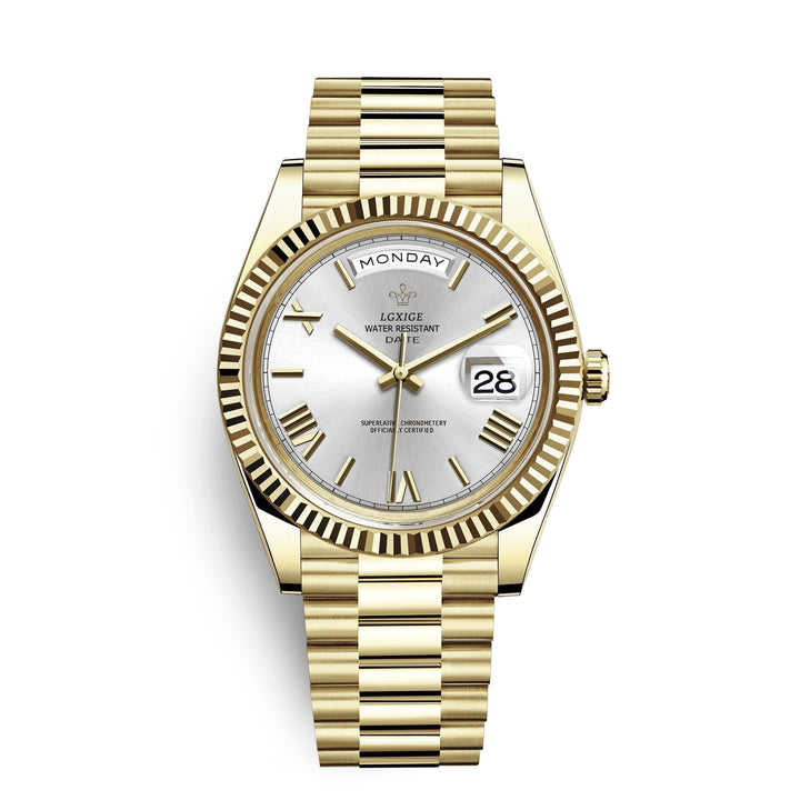 Men's Elegant Day Date Watch. A sophisticated quartz movement timepiece in polished stainless steel.