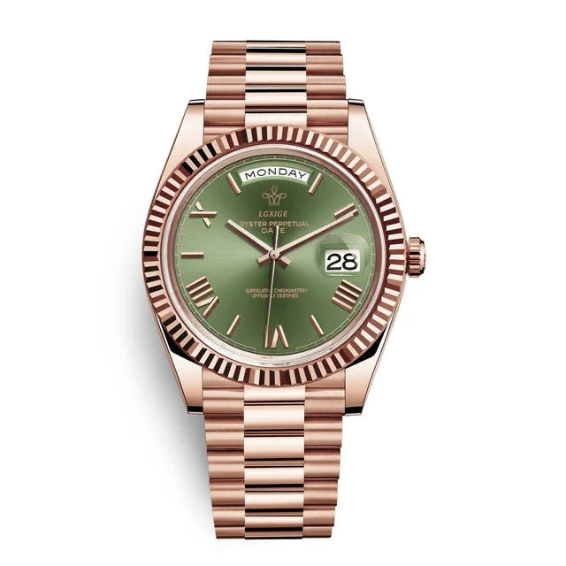 Man checking time on his elegant Day Date Quartz Watch. Stainless steel business accessory.