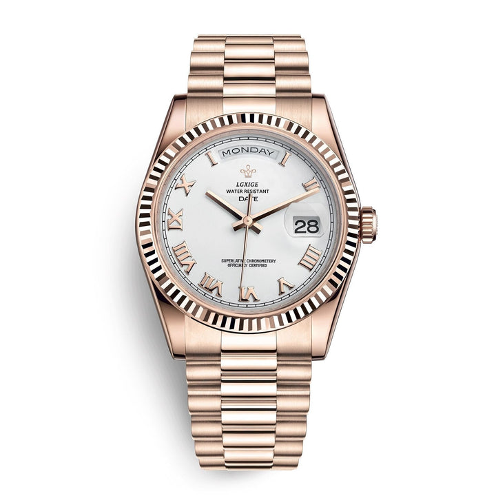 Close-up of Men's Elegant Day Date Quartz Watch dial. Shows clear day-date display & precise markers.