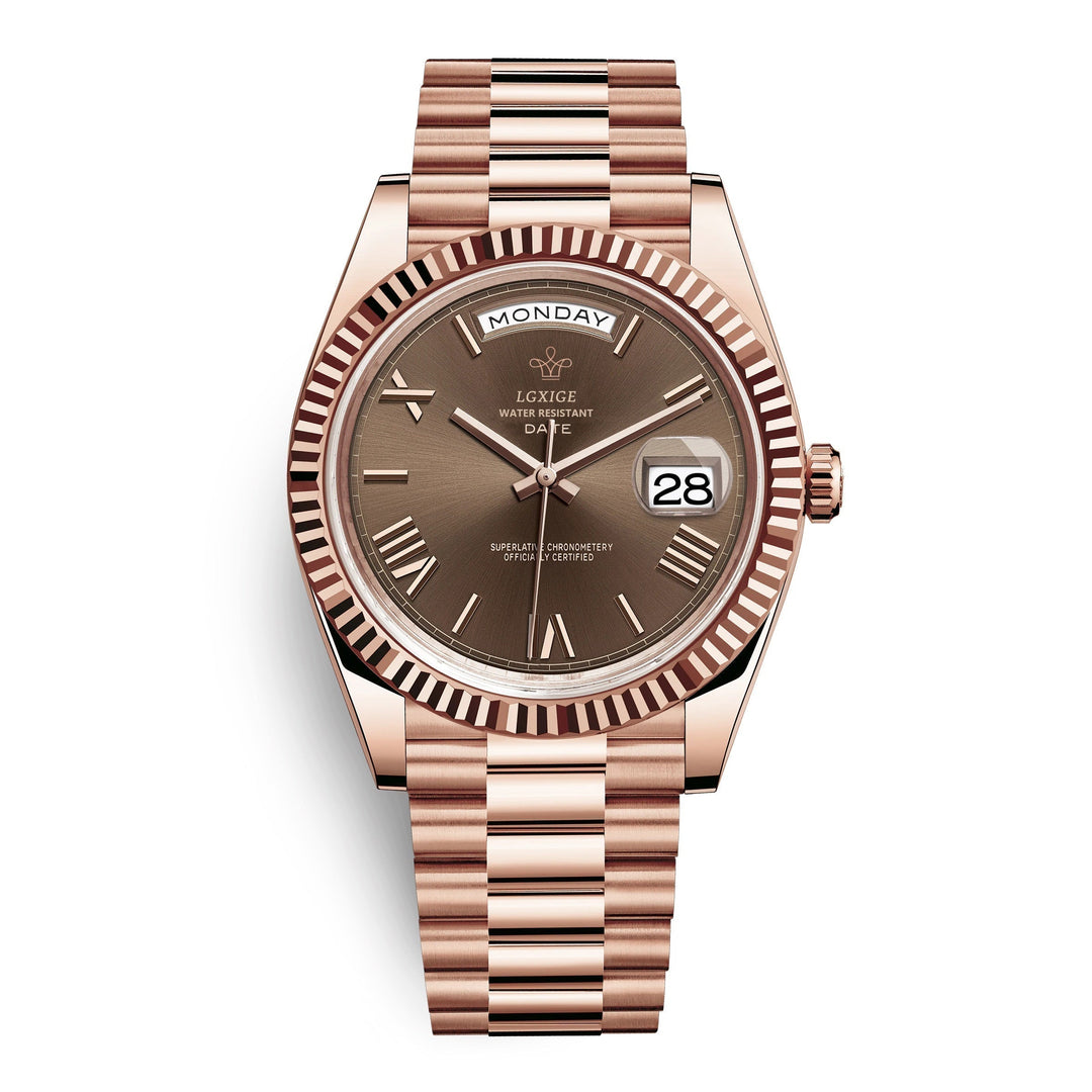 Side profile of Men's Quartz Watch. Highlights the sleek stainless steel case and elegant design.