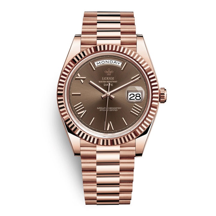 Side profile of Men's Quartz Watch. Highlights the sleek stainless steel case and elegant design.
