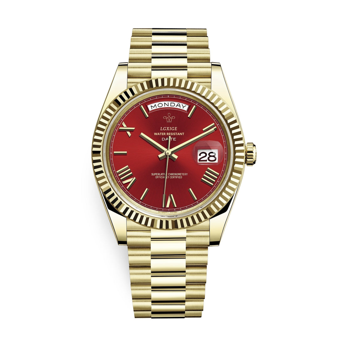 Men's Classic Day Date Watch on wrist. Stylish stainless steel accessory, suitable for any occasion.